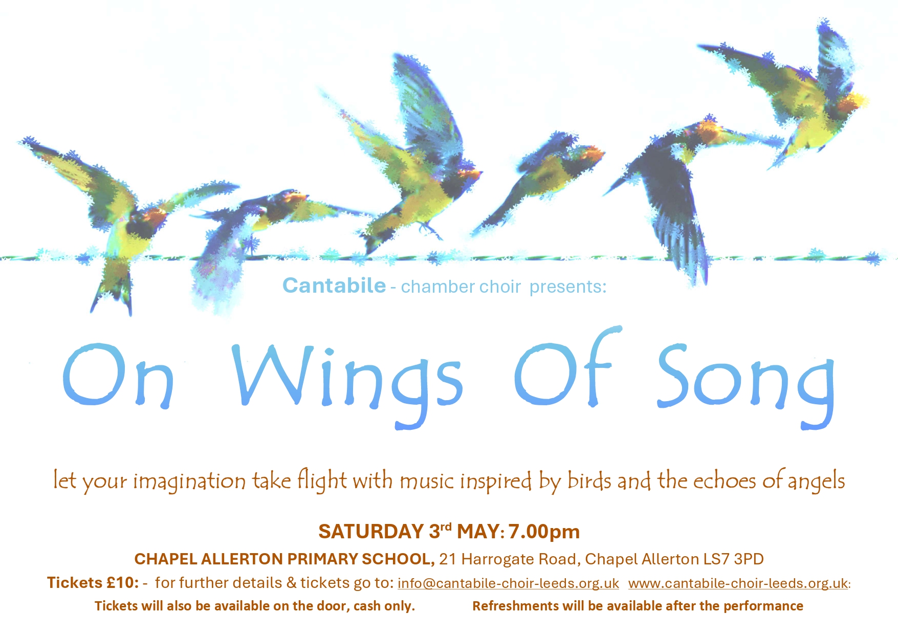 Chapel Allerton Primary Concert flyer 3rd May 2025. Pale background
  with several birds flying from left to right along the top.